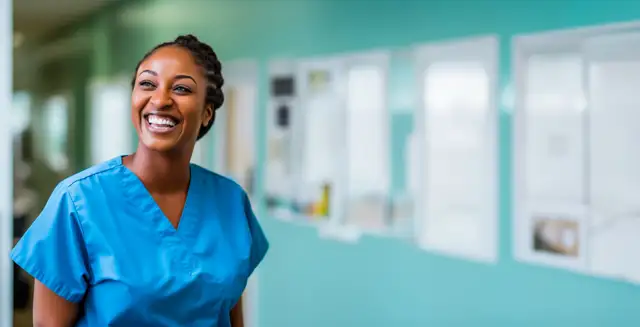Smiling CBRF caregiver in blue scrubs