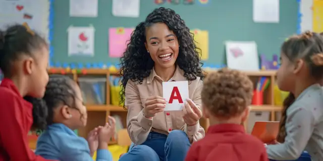 Child care teacher showing a letter card to preschoolers
